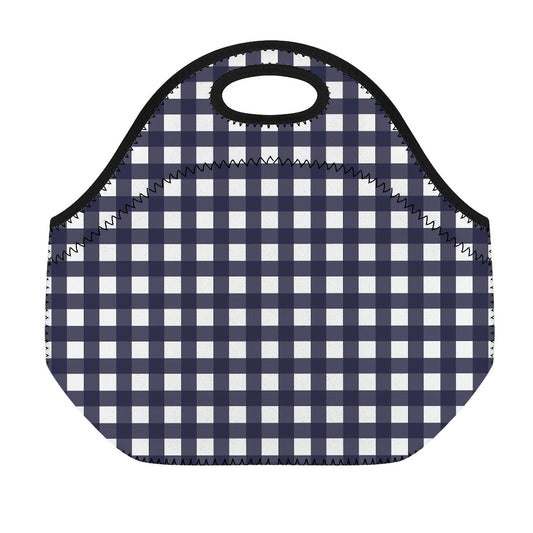 Navy And White Check Pattern Print Neoprene Lunch Bag