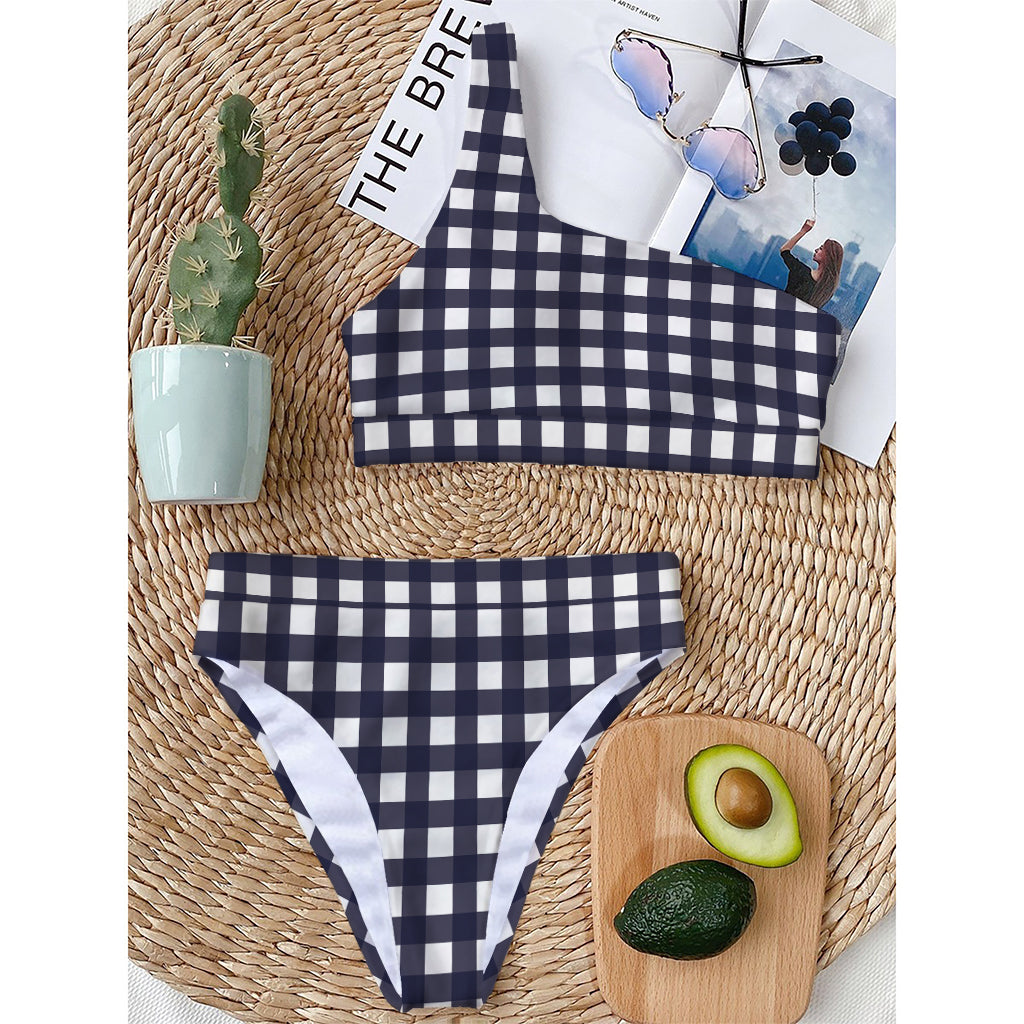 Navy And White Check Pattern Print One Shoulder Bikini Top