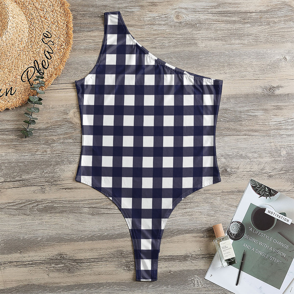 Navy And White Check Pattern Print One Shoulder Bodysuit