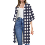 Navy And White Check Pattern Print Open Front Beach Cover Up