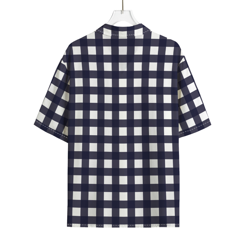 Navy And White Check Pattern Print Rayon Hawaiian Shirt