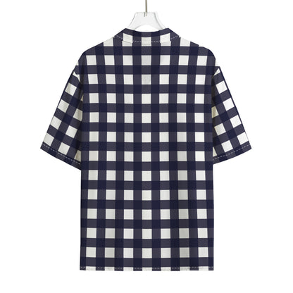 Navy And White Check Pattern Print Rayon Hawaiian Shirt