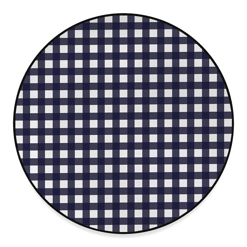 Navy And White Check Pattern Print Round Floor Mat