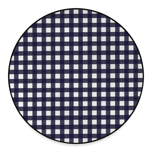Navy And White Check Pattern Print Round Floor Mat