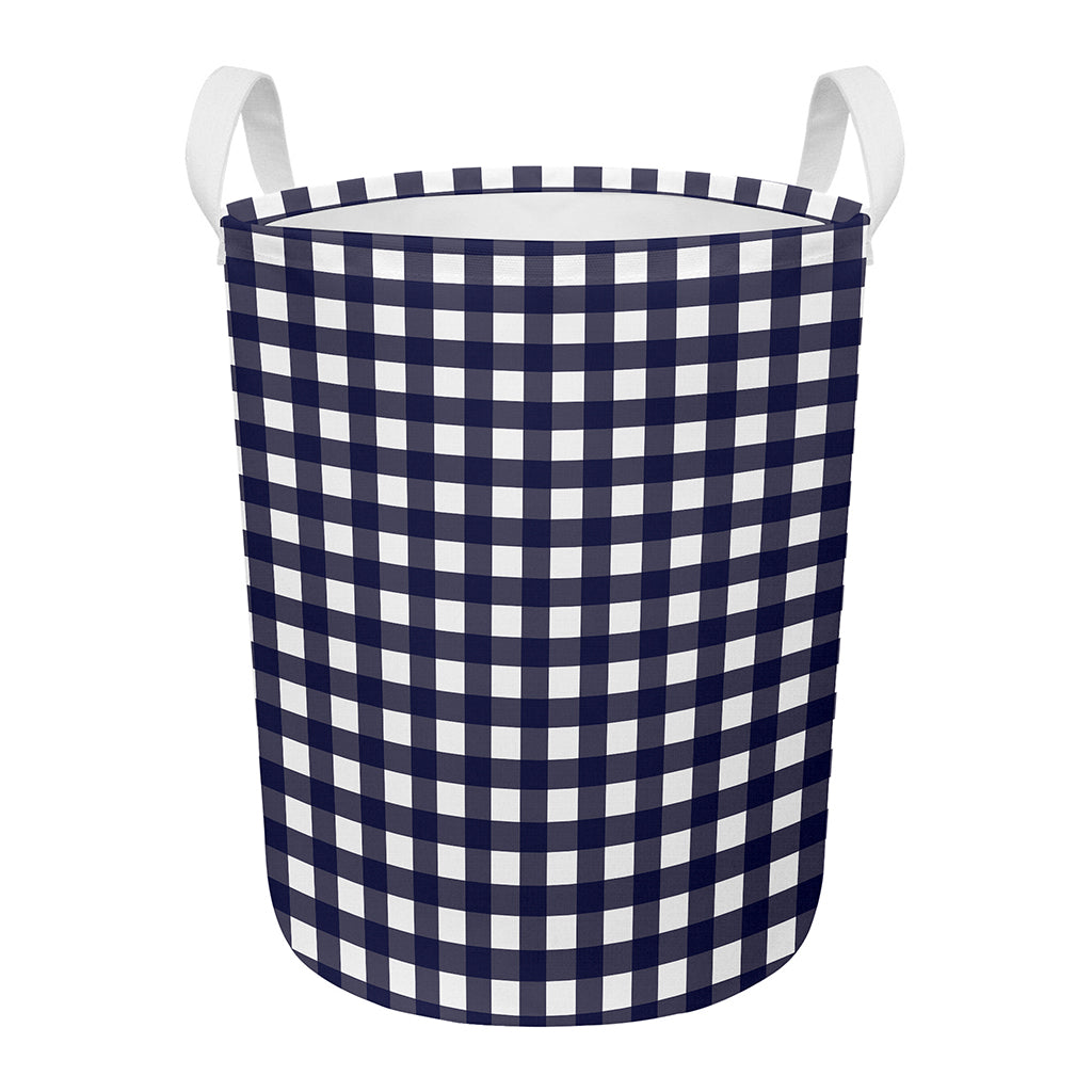 Navy And White Check Pattern Print Round Laundry Basket