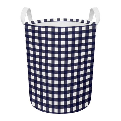 Navy And White Check Pattern Print Round Laundry Basket