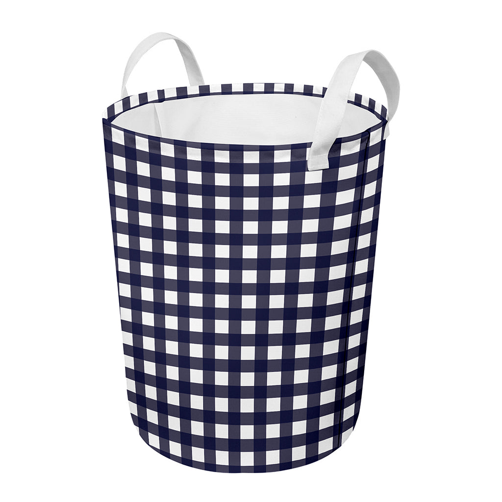 Navy And White Check Pattern Print Round Laundry Basket