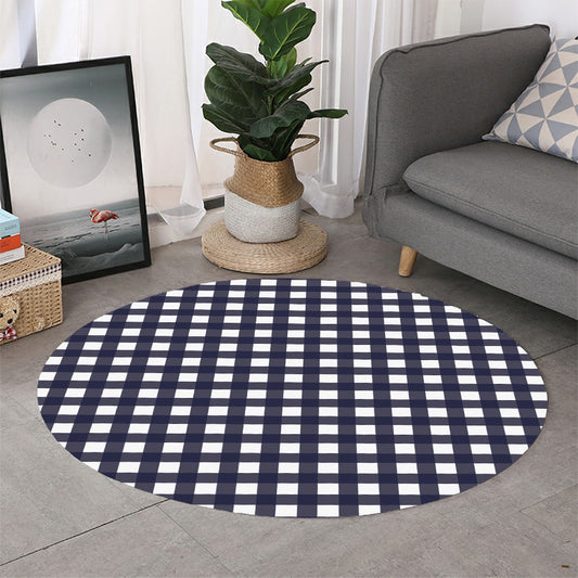 Navy And White Check Pattern Print Round Rug