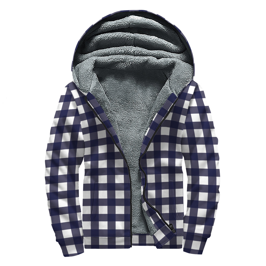 Navy And White Check Pattern Print Sherpa Lined Zip Up Hoodie