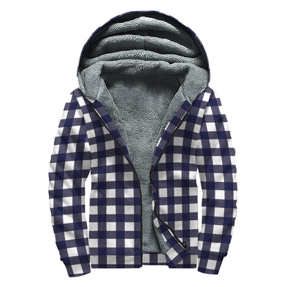 Navy And White Check Pattern Print Sherpa Lined Zip Up Hoodie
