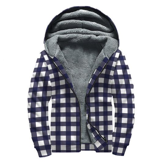 Navy And White Check Pattern Print Sherpa Lined Zip Up Hoodie