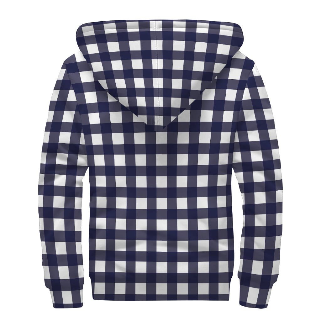 Navy And White Check Pattern Print Sherpa Lined Zip Up Hoodie