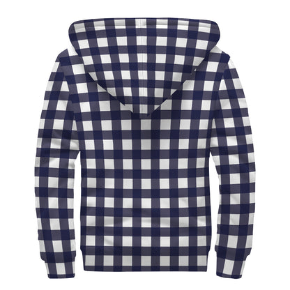 Navy And White Check Pattern Print Sherpa Lined Zip Up Hoodie