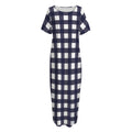 Navy And White Check Pattern Print Short Sleeve Long Nightdress