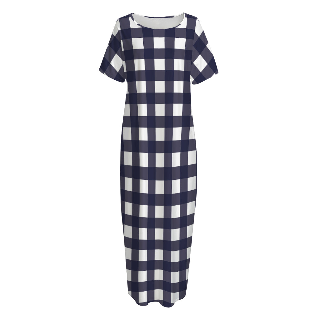 Navy And White Check Pattern Print Short Sleeve Long Nightdress