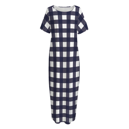 Navy And White Check Pattern Print Short Sleeve Long Nightdress