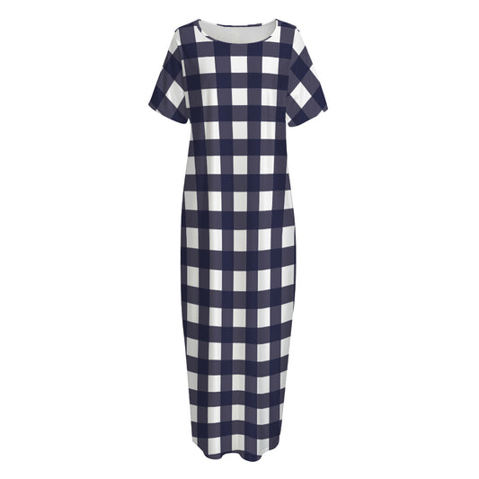 Navy And White Check Pattern Print Short Sleeve Long Nightdress