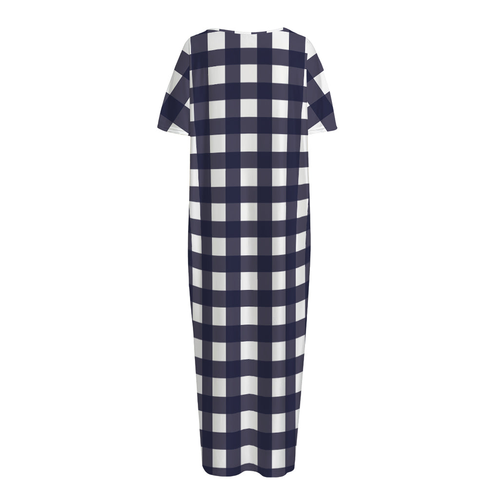 Navy And White Check Pattern Print Short Sleeve Long Nightdress