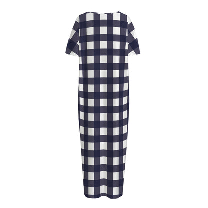 Navy And White Check Pattern Print Short Sleeve Long Nightdress