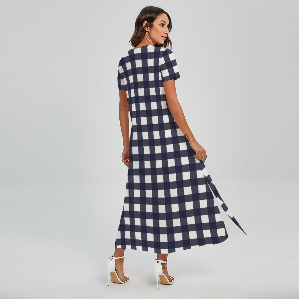Navy And White Check Pattern Print Short Sleeve Maxi Dress