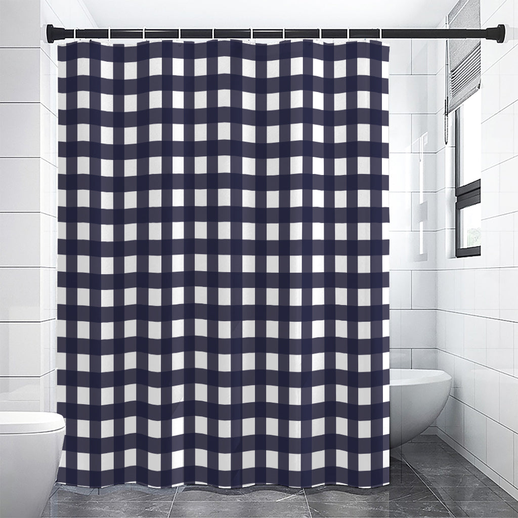 Navy And White Check Pattern Print Shower Curtain