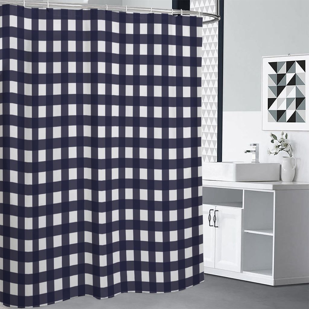 Navy And White Check Pattern Print Shower Curtain
