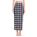 Navy And White Check Pattern Print Side Slit Maxi Skirt