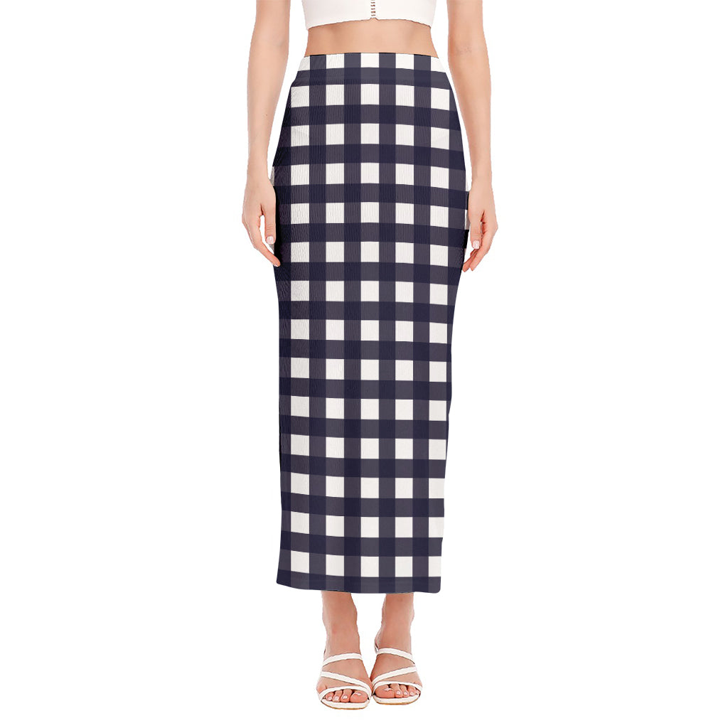 Navy And White Check Pattern Print Side Slit Maxi Skirt