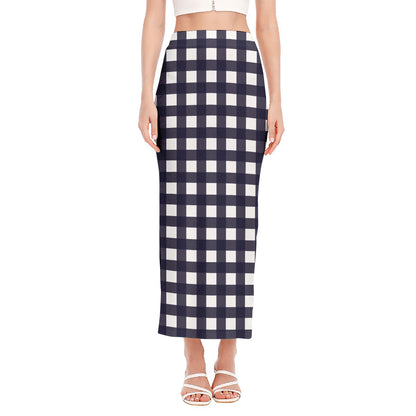 Navy And White Check Pattern Print Side Slit Maxi Skirt