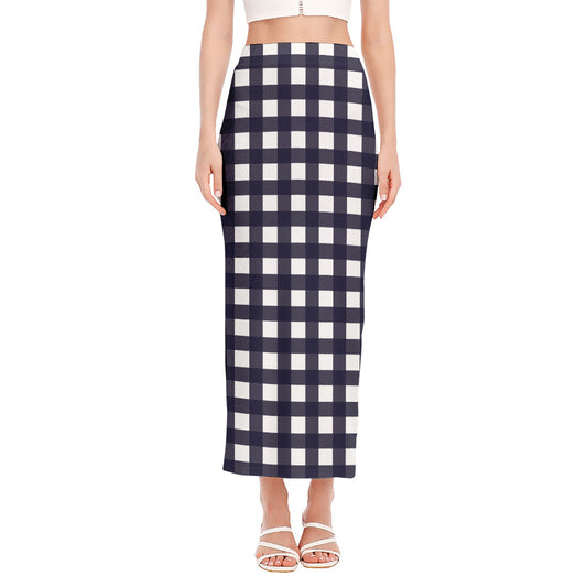 Navy And White Check Pattern Print Side Slit Maxi Skirt