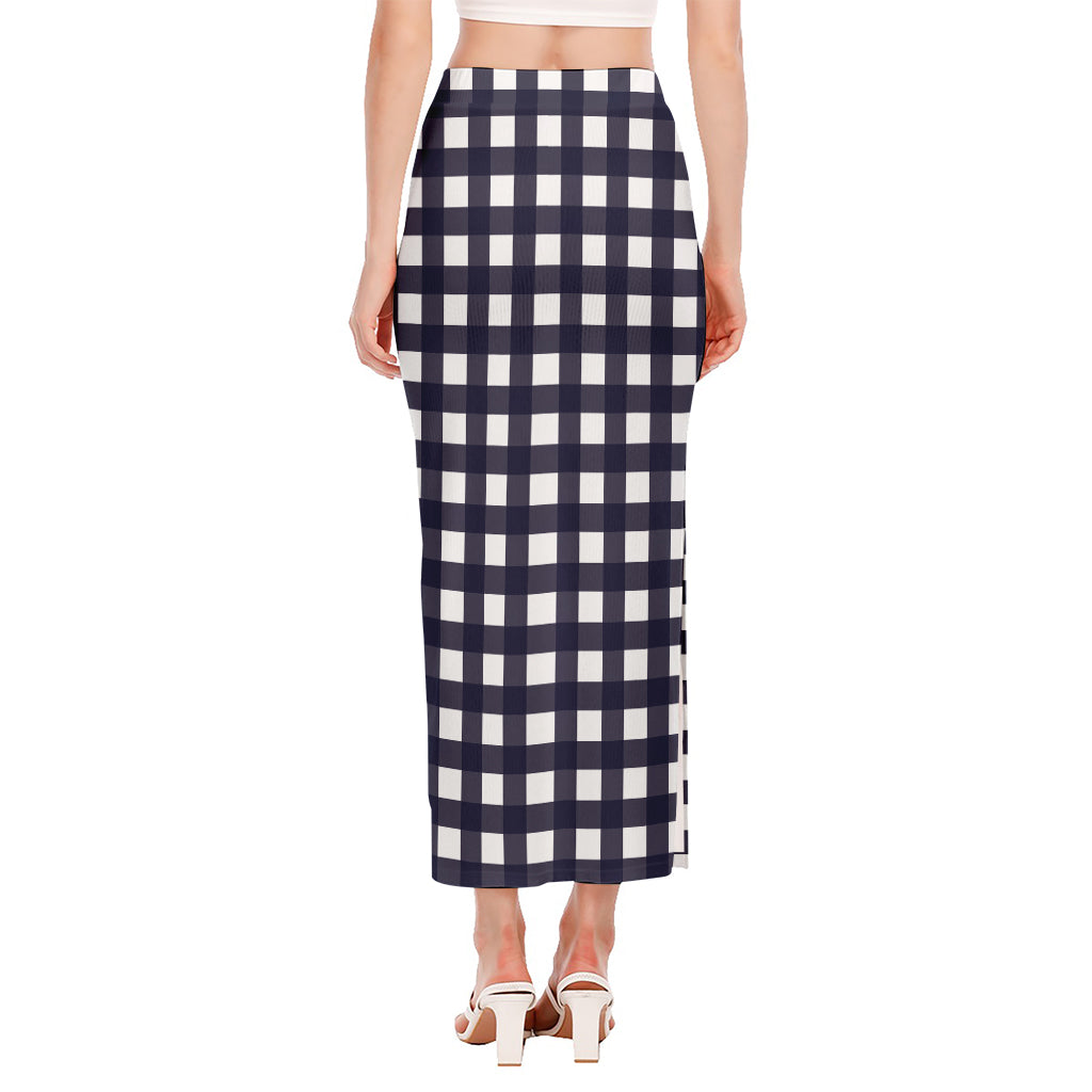 Navy And White Check Pattern Print Side Slit Maxi Skirt
