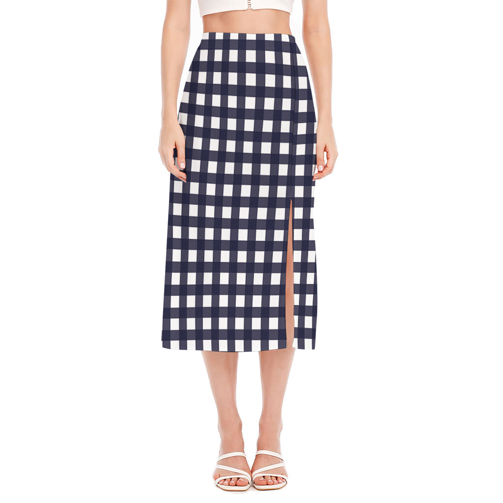 Navy And White Check Pattern Print Side Slit Midi Skirt