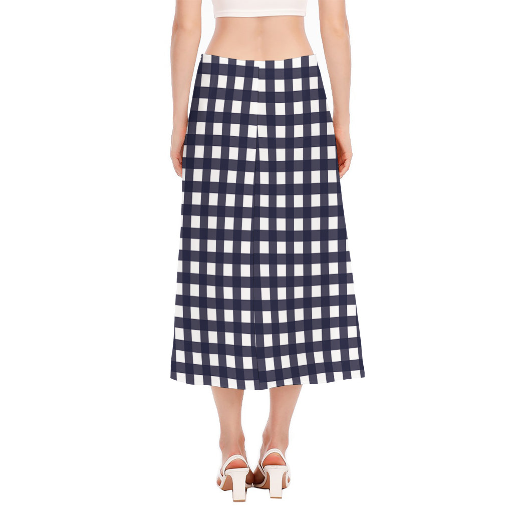 Navy And White Check Pattern Print Side Slit Midi Skirt