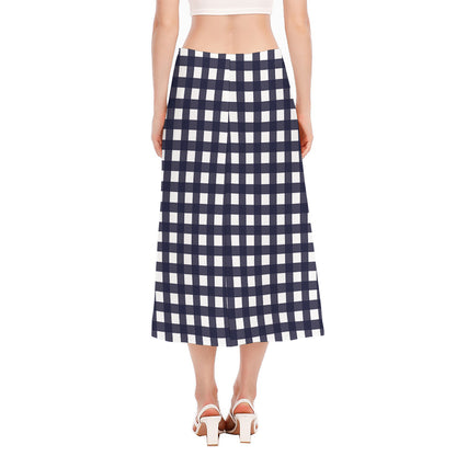 Navy And White Check Pattern Print Side Slit Midi Skirt
