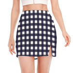 Navy And White Check Pattern Print Side Slit Mini Skirt