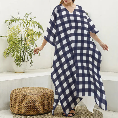 Navy And White Check Pattern Print Silk V-Neck Kaftan Dress