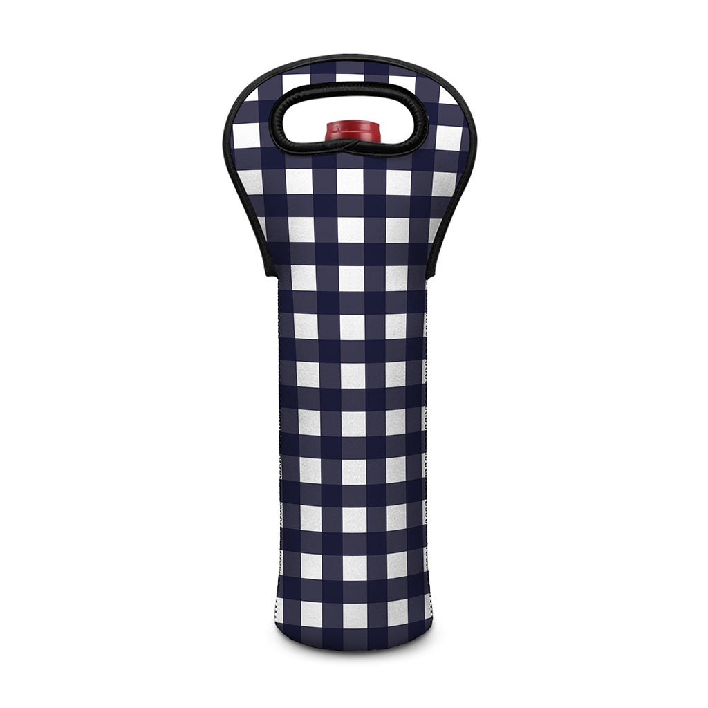 Navy And White Check Pattern Print Single Neoprene Wine Tote