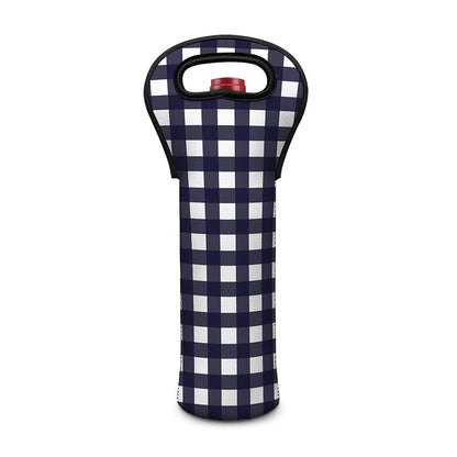 Navy And White Check Pattern Print Single Neoprene Wine Tote