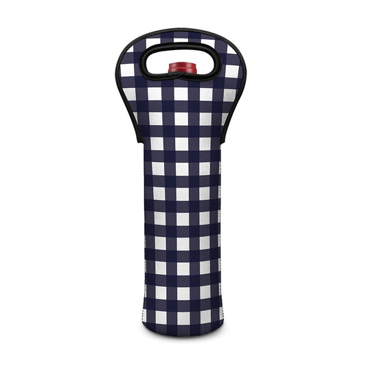 Navy And White Check Pattern Print Single Neoprene Wine Tote