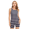Navy And White Check Pattern Print Sleeveless One Piece Swimsuit