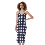 Navy And White Check Pattern Print Slim Fit Midi Cami Dress