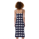 Navy And White Check Pattern Print Slim Fit Midi Cami Dress