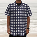 Navy And White Check Pattern Print Textured Short Sleeve Shirt