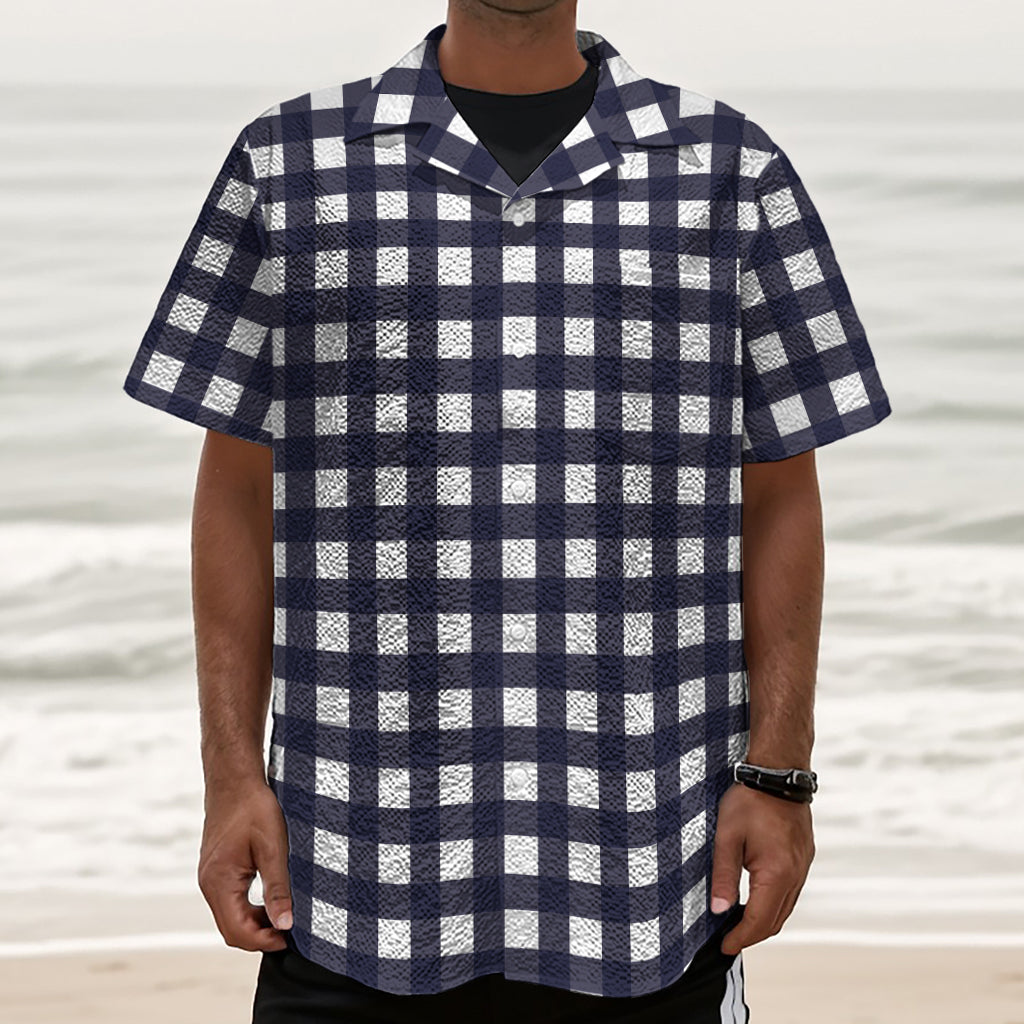 Navy And White Check Pattern Print Textured Short Sleeve Shirt