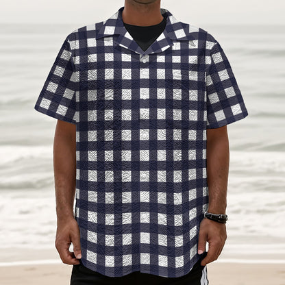 Navy And White Check Pattern Print Textured Short Sleeve Shirt