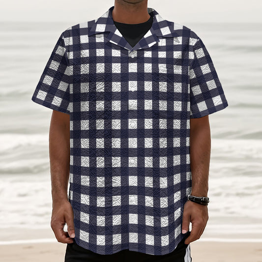 Navy And White Check Pattern Print Textured Short Sleeve Shirt