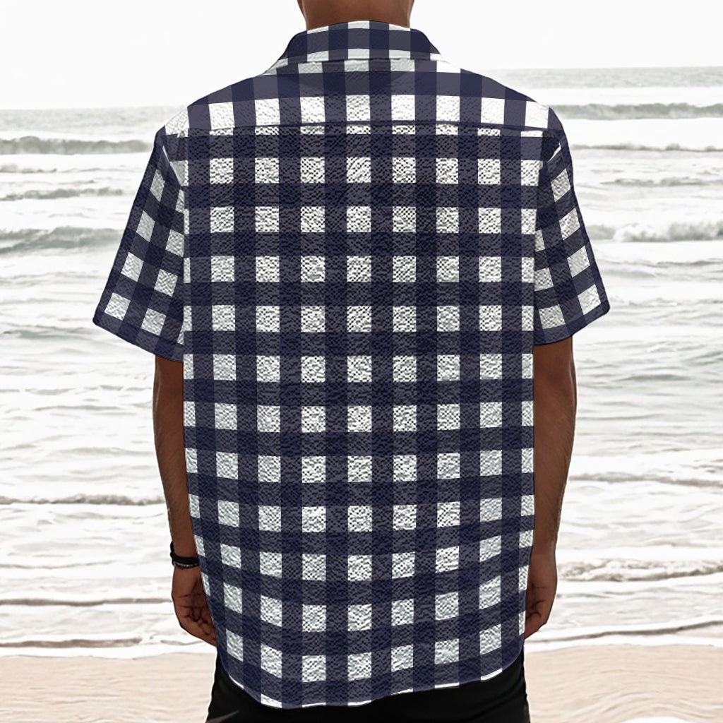 Navy And White Check Pattern Print Textured Short Sleeve Shirt