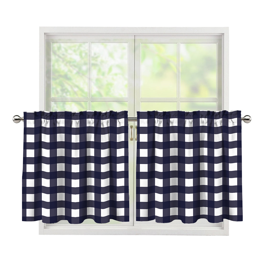 Navy And White Check Pattern Print Tier Curtains