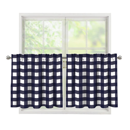 Navy And White Check Pattern Print Tier Curtains