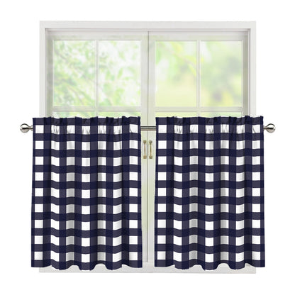 Navy And White Check Pattern Print Tier Curtains